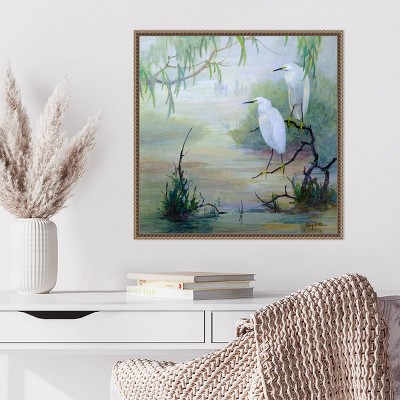 Snowy Egrets in Wetlands Bronze Framed Canvas Wall Art