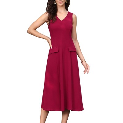 INSPIRE CHIC Women's Business Office V Neck Sleeveless Faux Pockets A-Line Midi Dresses