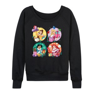 Women's - Disney - Princess Christmas Grid Lightweight French Terry Wide Neck Long Sleeve Shirt - 1 of 4