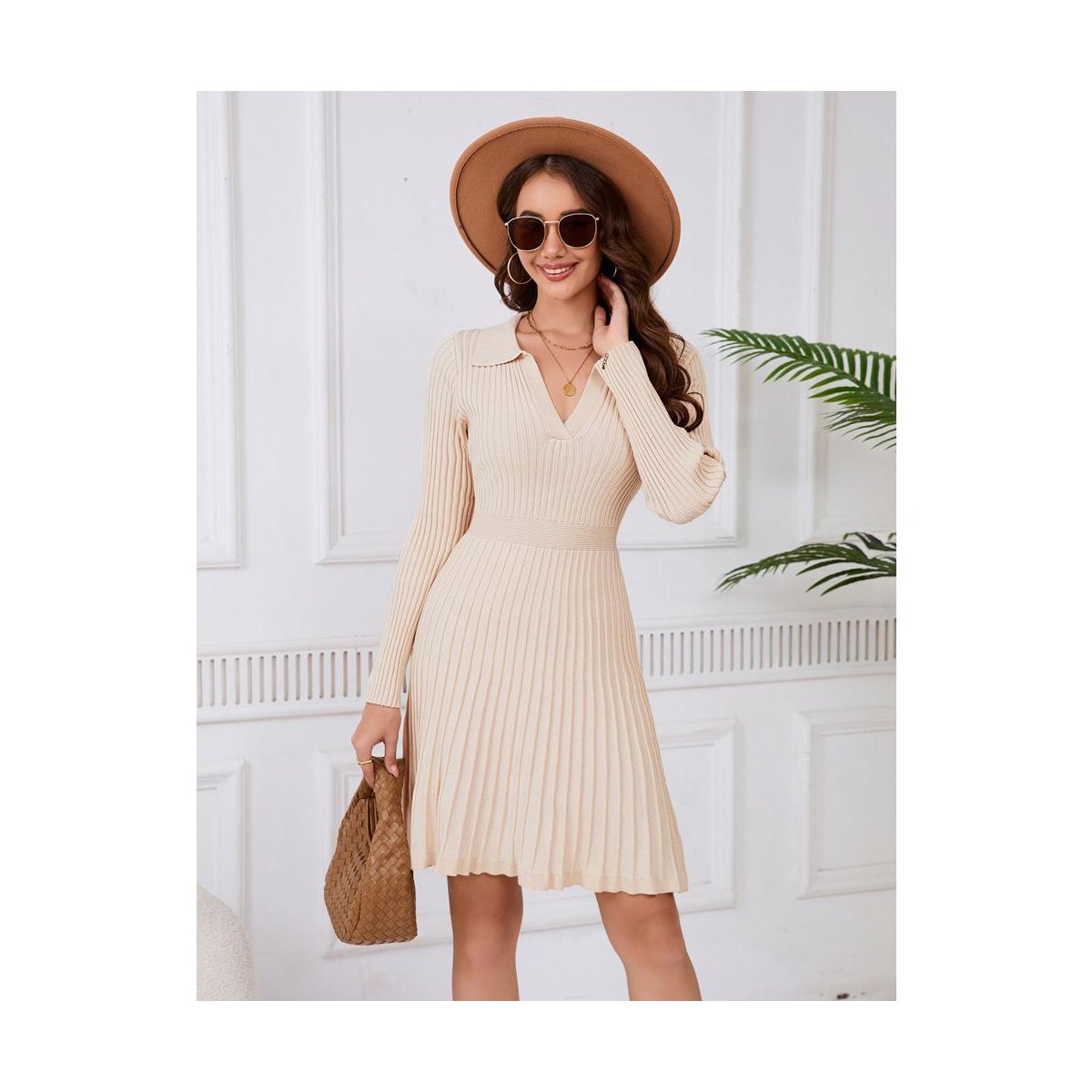 Женские платья YesFashion Women's Sweater Dress 2024 Fall Long Sleeve Cable Lapel Collar Dress Ribbed Knit A Line Swing Pleated Midi Dresses Light Apricot Medium — фото 3
