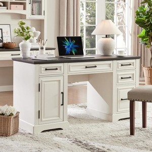 SinCiDo 58" Farmhouse Executive Desk, Embossed Texture Computer Desk with Drawers & Cabinet, Writing Table for Home Office - 1 of 4