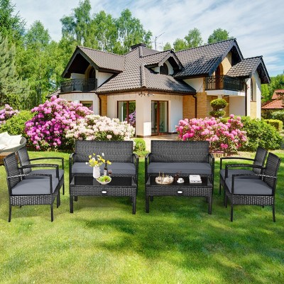 Tangkula 8PCS Patio Wicker Rattan Conversation Set Outdoor Furniture Set w/ Cushion