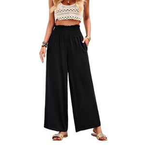 Women Linen Palazzo Pants Summer Boho Wide Leg High Waist Lounge Pants with Pocket Travel Vacation Outfits - 1 of 4