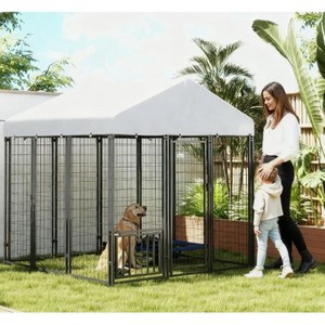 Outdoor Metal Dog Kennel with Roof & 4-Level Rotating Feeding Bowls, Weatherproof Pet Enclosure for Medium & Large Dogs, Silver Black - Nertpow - 1 of 4