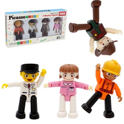 PICASSO-TILES 4 PC Construction, Police Officer, Cowboy, Nurse, Character Set, Magnetic Tiles, Building Blocks, STEM Toys for Kids 3+