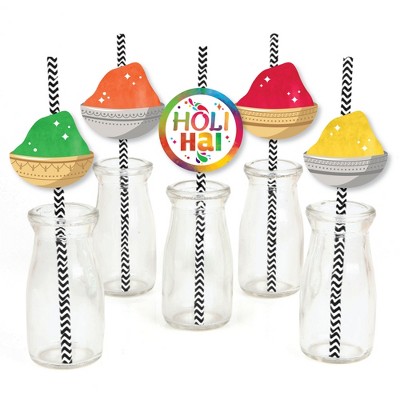 Big Dot of Happiness Holi Hai - Paper Straw Decor - Festival of Colors Party Striped Decorative Straws - Set of 24
