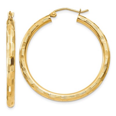 Black Bow Jewelry 3mm x 35mm 14k Yellow Gold Textured Round Hoop Earrings
