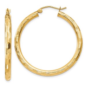 Black Bow Jewelry 3mm x 35mm 14k Yellow Gold Textured Round Hoop Earrings - 1 of 4