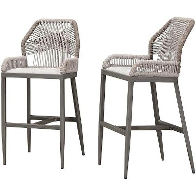 PURPLE LEAF 2 Pieces Bar Stools Patio Modern Rattan Barstools Aluminum Woven Tall Bar Chairs with Cushions for Outdoor Kitchen Island Garden