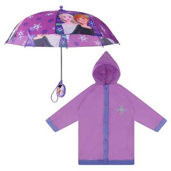 Frozen Elsa and Anna Girl’s Umbrella and Raincoat set, Kids Ages 4-7 (Lavender /Purple)
