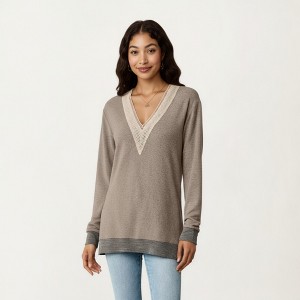Anna-Kaci Women's Long Sleeve V-Neck Top with Contrast Crochet Trim and Relaxed Hem - 1 of 4