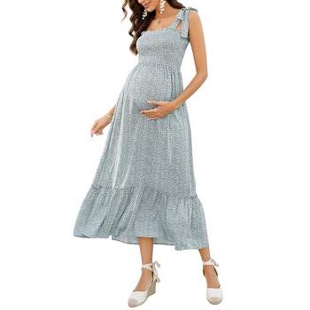 Women's Maternity Smocked Summer Dress Boho Casual Spaghetti Strap Square Neck Sleeveless Maxi Dress Baby Shower