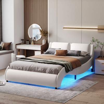 NicBex Full/Queen Upholstered Faux Leather Platform Bed Frame with LED Lights,Wave Like Curve Low Profile Platform Bed Frame,Wood Slats Support
