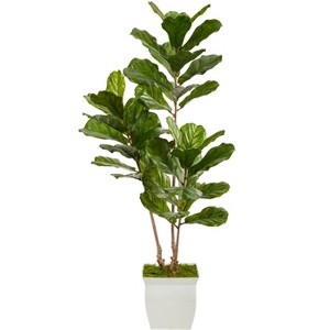 Nearly Natural 5.5-ft Fiddle Leaf Artificial Tree in White Metal Planter UV Resistant (Indoor/Outdoor) - 1 of 4