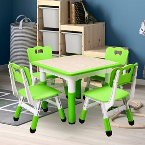 Modern Kids Table and 4 Chair Set,23" Height Adjustable Toddler Table and 4 Chairs with Non-Slip Desk Legs&Organizer Graffiti Desktop - 1 of 4