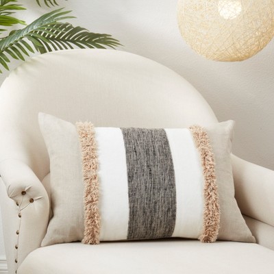 Beige and Black Cotton Rectangular Throw Pillow with Removable Cover