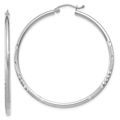 Black Bow Jewelry 2mm x 45mm 14k White Gold Satin & Diamond-Cut Round Hoop Earrings
