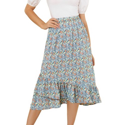 Allegra K Women's Summer Floral Elastic Waist High Low Ruffle Hem Midi Skirts