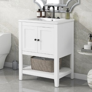 KIGFTSOD 24" White Modern Sleek Bathroom Vanity Elegant Ceramic Sink with Solid Wood Frame Open Style Shelf - 1 of 4