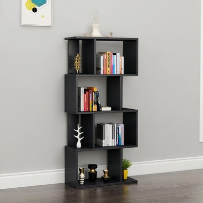 SEVOBAL Decorative Bookshelf Wooden Book Shelf S Shaped Bookcase for Stylish Storage in Living Room, Black, 23.62"*9.45"*50.2"