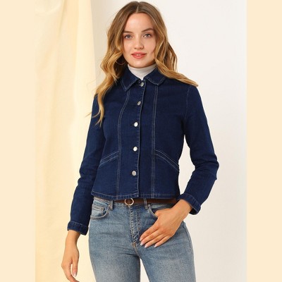 Allegra K Women's Detachable Collar Long Sleeve Button Down Denim Jacket Dark Blue Small — фото 2