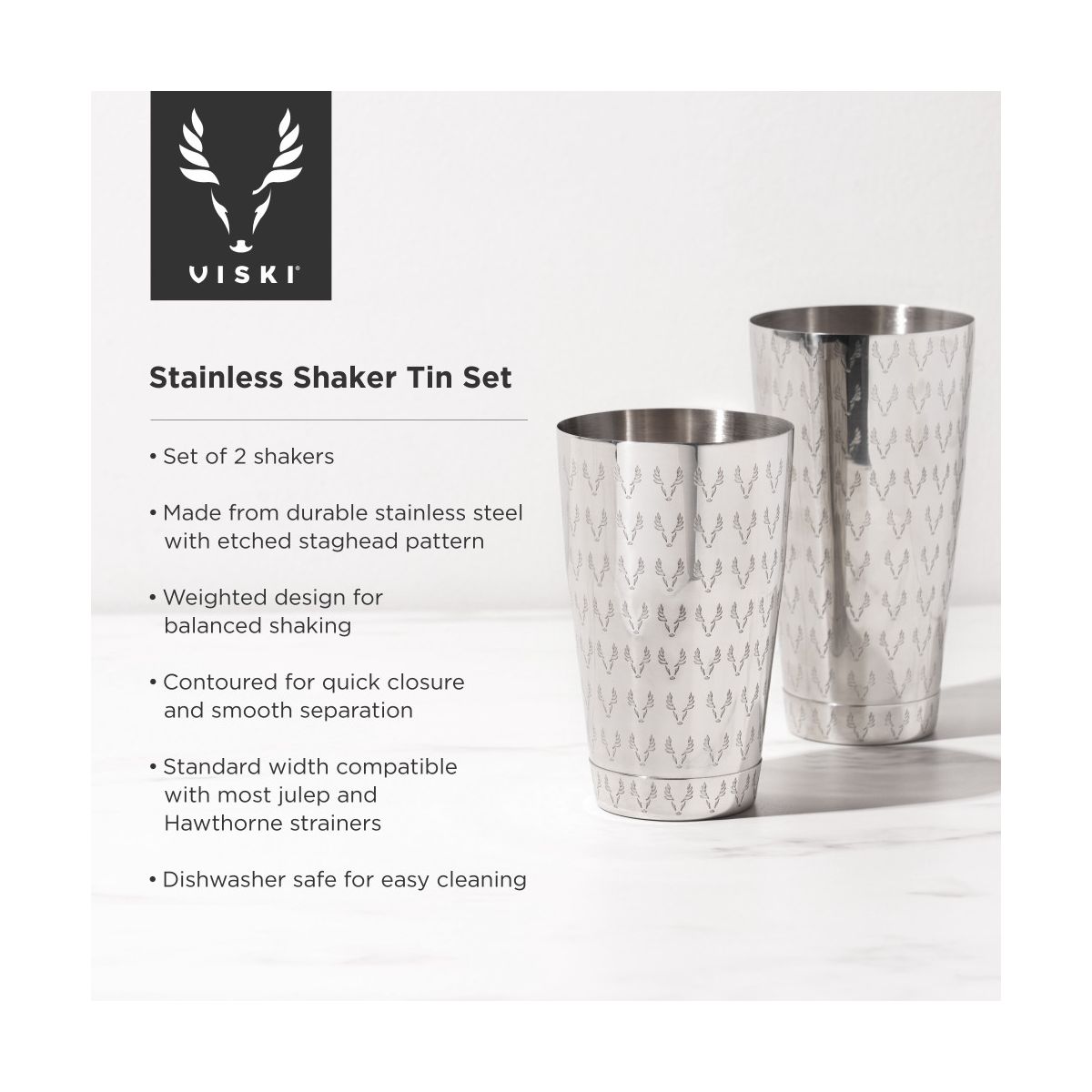 Viski Staghead Boston Shaker Tins, Stainless Steel Cocktail Shaker for Espresso Martini, Margarita, Wedding Gifts, Home Bar, 28 oz & 18 oz, Silver - thumbnail 2