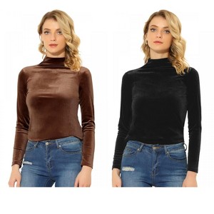 INSPIRE CHIC Women's Solid Turtleneck Velvet Long Sleeve Work Basic Velour Blouse 2 Packs - 1 of 4
