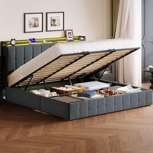 Lift Up Storage Bed Frame , Velvet Upholstered Hydraulic Platform Bed Storage Headboard , Wooden Slats, No Box Spring Needed - 1 of 4