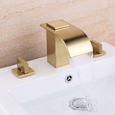 Munora Waterfall Double Handle Widespread Sink Faucet Solid Brass for Bathroom, Brushed Gold Finish