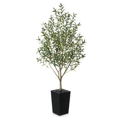 Artificial Olive Tree 5ft/6ft Tall Faux Indoor Plant - Realistic Green Leaves and Black Olives - Decorative Potted Tree for Living Room Home Office