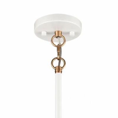 Matte White and Satin Brass 6-Light Midcentury Modern Chandelier with Clear Glass