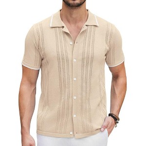 COOFANDY Men's Knit Button Down Shirt Vintage Short Sleeve Polo Shirts Casual Beach Tops - 1 of 4