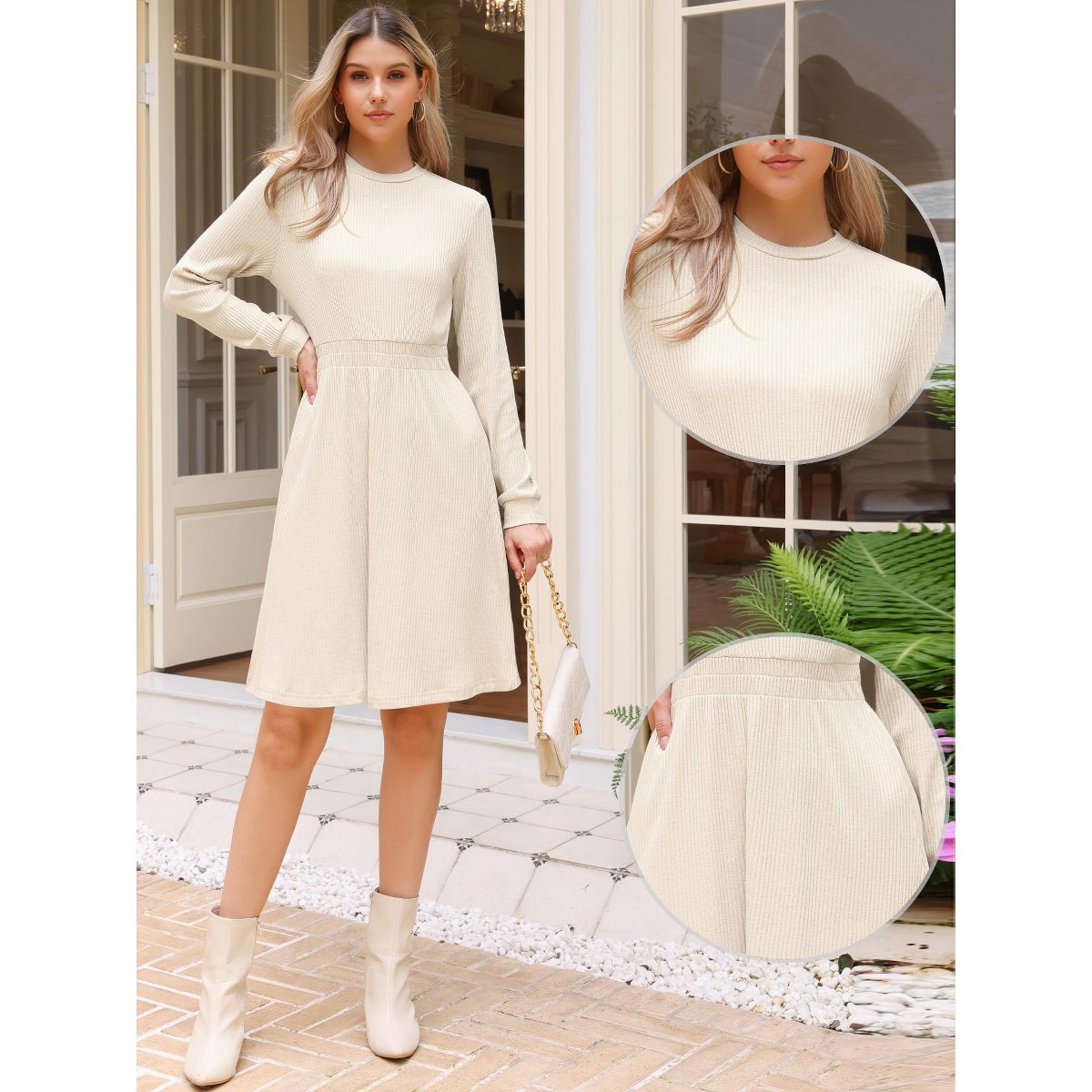 Женские платья INSPIRE CHIC Women's Long Sleeve Casual Crew Neck Ribbed Knit Textured Sweater Dress X-Small Black 2 Packs Apricot/Pink X-Small — фото 2