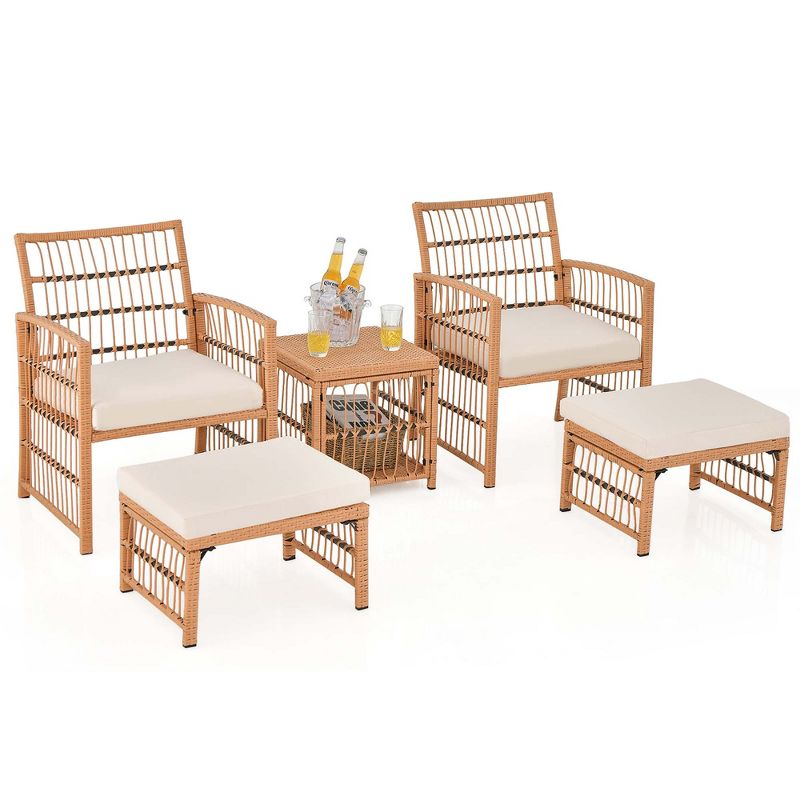 Costway 5 Piece Patio Rattan Wicker Conversation Set with 2-Tier Coffee Table & 2 Ottomans, 2 of 11