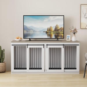 Dog Crate, 71'' Wooden Double Dog Crate Furniture - XXL Indoor Kennel TV Stand End Table with Cushion Divider 2 Trays Sliding Barn Door - 1 of 4