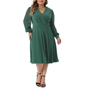 Agnes Orinda Women's Plus Size Swiss Dots Pattern Sleeves V Neck Midi Flowy A-Line Dress - 1 of 4