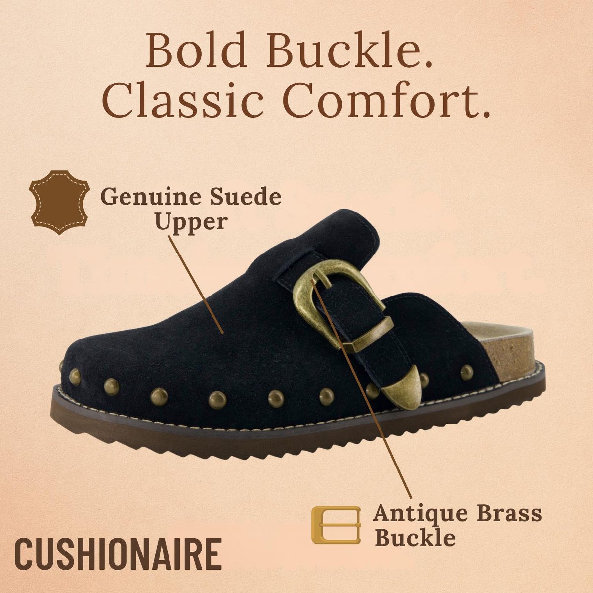 Женские сабо CUSHIONAIRE Bronco Slip On Mule Womens Shoes – Genuine Suede Leather Clogs with Adjustable Buckle and Studded Detailing Biscuit 8 — фото 4
