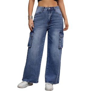 INSPIRE CHIC Women's High Waisted Casual Baggy Wide Leg Denim Cargo Pants with Pocket - 1 of 4