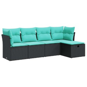 vidaXL Patio Sofa Set with Black Poly Rattan Frame and Blue Cushions - Lightweight, Weather-Resistant for Garden or Terrace, Includes Storage - 1 of 4