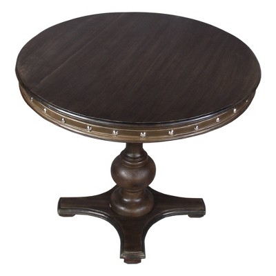 Round Wooden Farmhouse Dining Table with Rivets Accent and Turned Pedestal Base Brown - The Urban Port