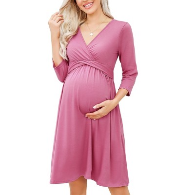 Women's Maternity Dress 3/4 Sleeve V Neck Nursing Dresses Casual A Line Ruffle Party Midi Dress