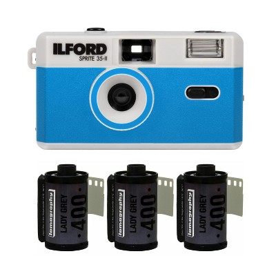 Ilford Sprite 35-II Reusable 35mm Analog Film Camera (Silver & Blue) & Film 3-Pk