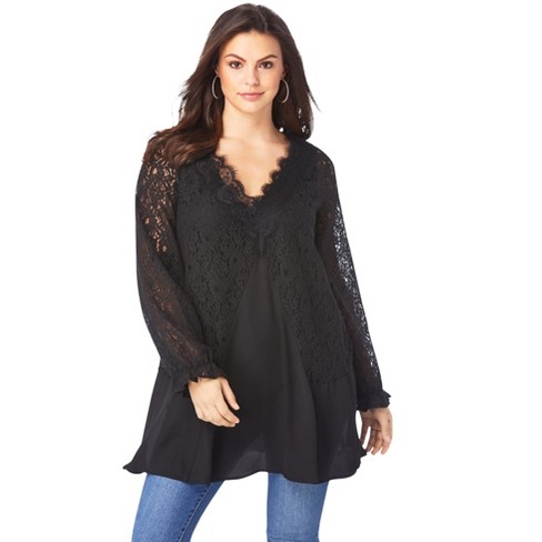 Roaman's Women's Plus Size Lace-embellished Swing Ultra Femme Top