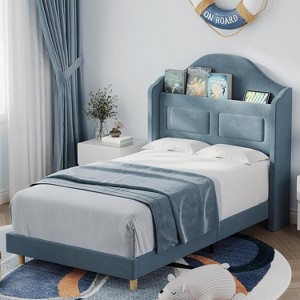 Upholstered Twin Bed Frame with Lights, Velvet Platform Bed, Wingback Storage Headboard, Wooden Slats, No Box Spring Needed - 1 of 4