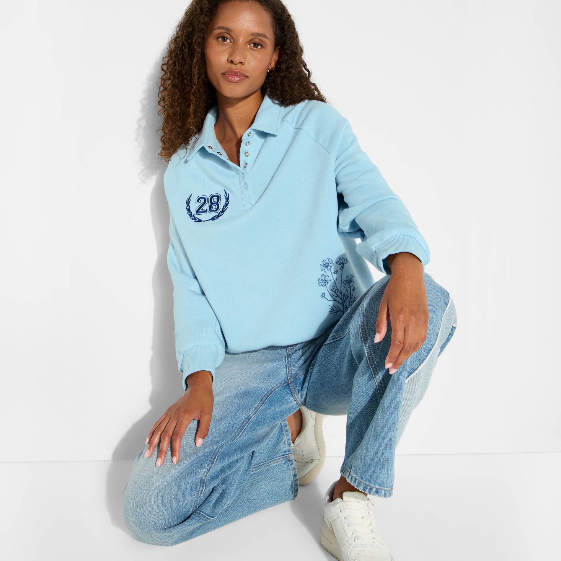 Women's NYC Button-Front Graphic Pullover Sweatshirt - Light Blue