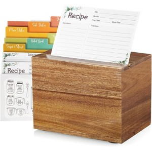 Recipe Box, Wooden Recipe Organizer, Black Holder with 50 Recipe Cards 4"x6" & 6 Dividers, Book for Your Recipes - 1 of 4