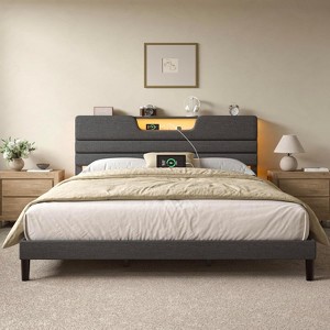 Furnulem King Size Bed Frames with Upholstered Headboard Bed with Charging Station and Led Lights Bed Frame with Sturdy Wooden Slats/2-Tier Storage - 1 of 4