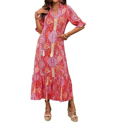Women's Boho Print Maxi Dress - V-Neck Tassel Tie, Flutter Sleeve Ruffle Hem Flowy Long Dress