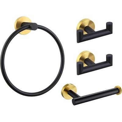 Mixxidea Round Double Towel Hook 2 PCS Bundle with Toilet Paper Holder, Round Towel Ring (Black & Gold)