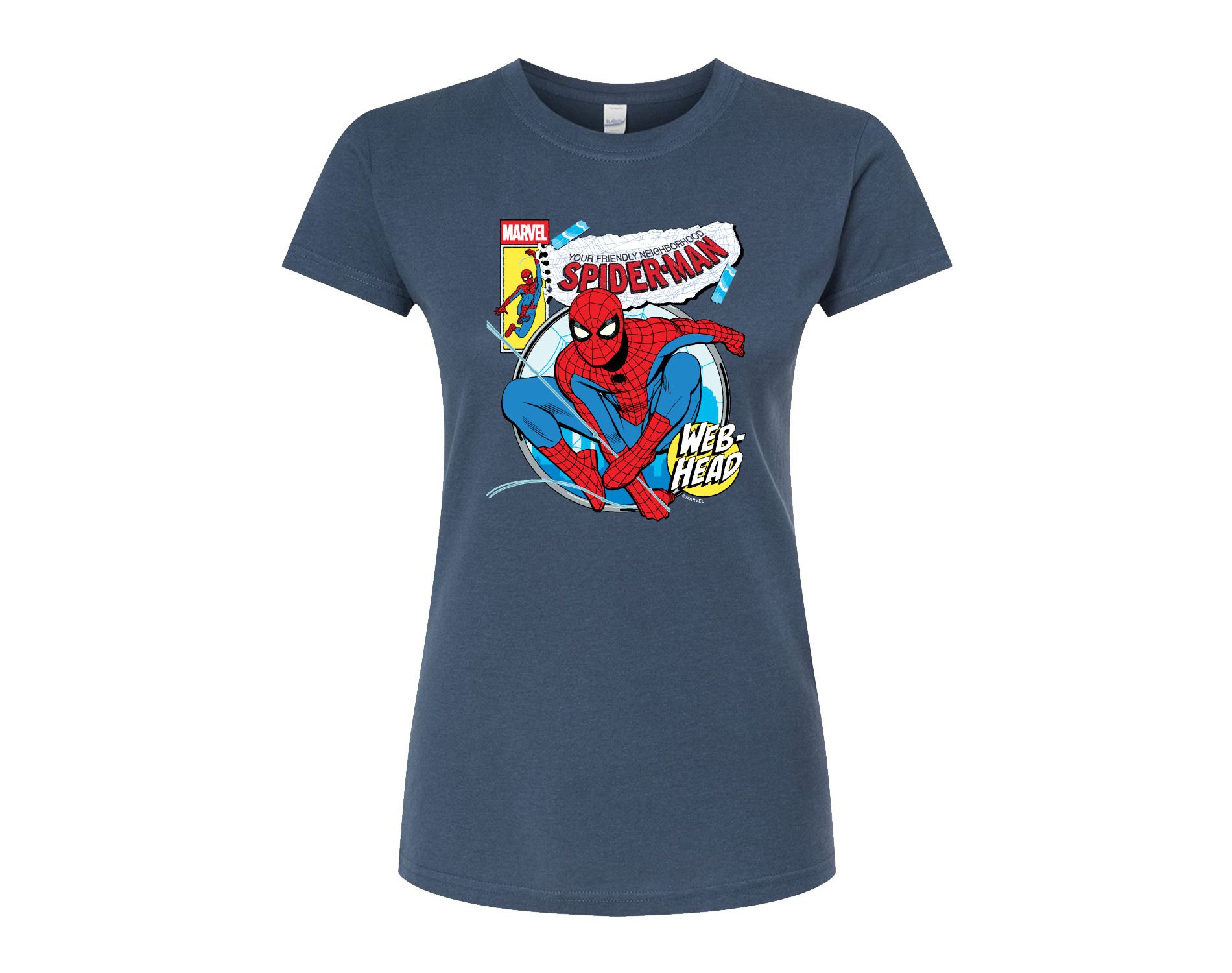 Women's Marvel Friendly Neighborhood Spider-Man Comic Book Cover Fitted Graphic T-Shirt - Indigo - Small